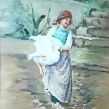 Pittura intitolato "Bambina con Oca" da Pasquale Minervino (Minervino), Opera d'arte originale, Olio Montato su Altro pannel…