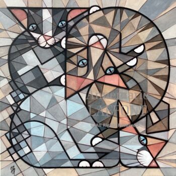 Peinture intitulée "Geometriccats" par Annemarie Laffont, Œuvre d'art originale, Acrylique Monté sur Châssis en bois