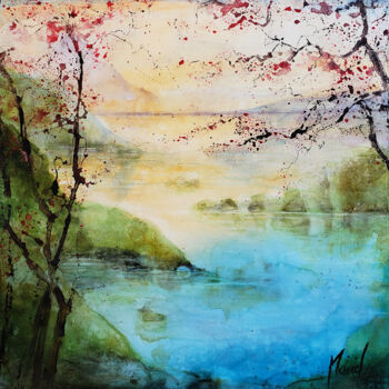 绘画 标题为“Crépuscule sur le l…” 由Muriel Mougeolle, 原创艺术品, 水彩 安装在木质担架架上