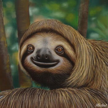 Drawing titled "Le petit paresseux" by Michel Guillet, Original Artwork, Pastel