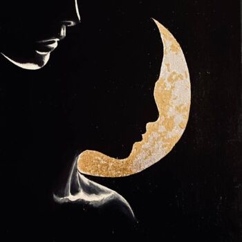 Painting titled "Moon" by Katalina Tattoo, Original Artwork, Oil Mounted on Wood Stretcher frame