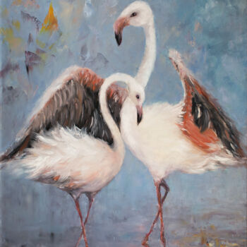 Pintura intitulada "Flamingos in the sa…" por Oxana Shimanchuk, Obras de arte originais, Óleo Montado em Armação em madeira