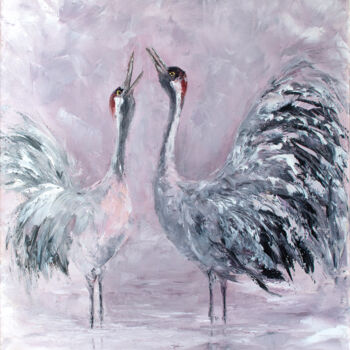 Pintura intitulada "Cranes at Dawn" por Oxana Shimanchuk, Obras de arte originais, Óleo Montado em Armação em madeira