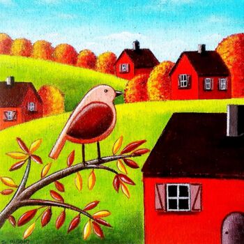 Painting titled "Paysage en automne" by Sabrina Riggio, Original Artwork, Acrylic Mounted on Cardboard