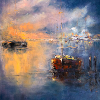 Pintura intitulada "Sailboats at nightf…" por Oxana Shimanchuk, Obras de arte originais, Óleo Montado em Armação em madeira