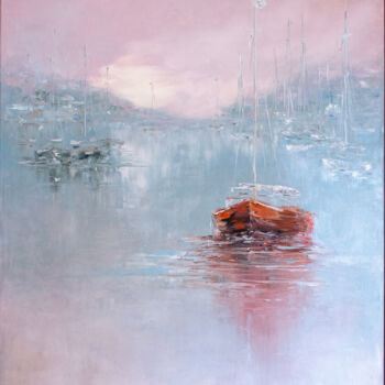 Pintura intitulada "Sailboats in the mi…" por Oxana Shimanchuk, Obras de arte originais, Óleo Montado em Armação em madeira