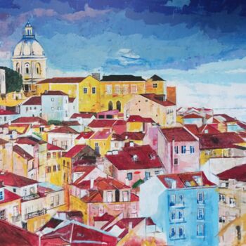 Painting titled "Lisboa, Alfama" by Ivo Antunes, Original Artwork, Acrylic Mounted on Wood Stretcher frame