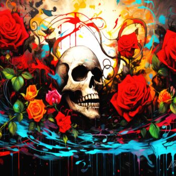 Digitale Kunst mit dem Titel "Skulls And Roses Go…" von Sykart Designs, Original-Kunstwerk, KI-generiertes Bild