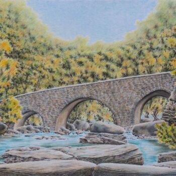 Malerei mit dem Titel "Bei der Römerbrücke" von Ronald Firla, Original-Kunstwerk, Conté-Buntstifte