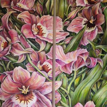 Painting titled "Tropische Blütenlie…" by Birgit Deuschle (BIGUI), Original Artwork, Acrylic Mounted on Wood Stretcher frame