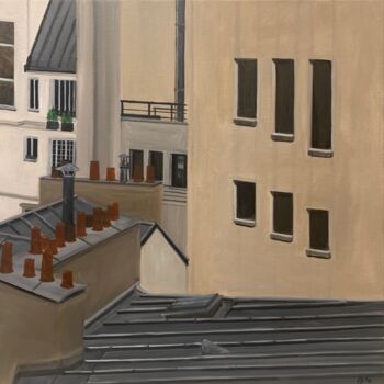 Painting titled "Vue sur les toits (…" by Marie France Garrigues, Original Artwork, Oil Mounted on Wood Stretcher frame