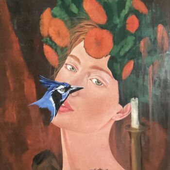Ζωγραφική με τίτλο "La femme et l’oisea…" από Mate13, Αυθεντικά έργα τέχνης, Ακρυλικό Τοποθετήθηκε στο Ξύλινο φορείο σκελετό