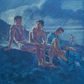 Drawing titled "Evening. After swim…" by Sergey Sovkov, Original Artwork, Conté