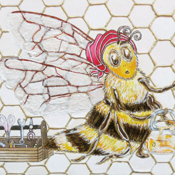 Painting titled "L'Abeille Bricoleuse" by Jasmine Taibbe, Original Artwork, Acrylic