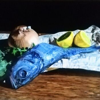 Painting titled ""Poisson frais"" by Philippe Lemesle, Original Artwork, Oil Mounted on artwork_cat.