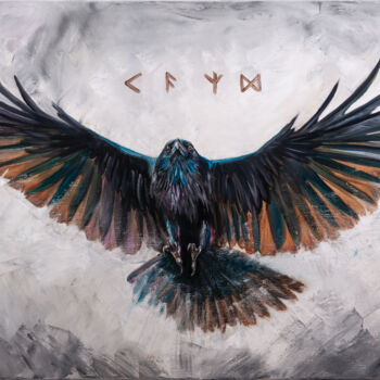「Runic Raven in flig…」というタイトルの絵画 Alexandr Karpovによって, オリジナルのアートワーク, オイル ウッドストレッチャーフレームにマウント