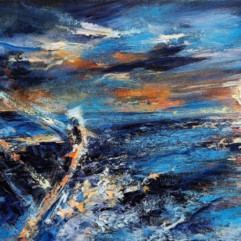 Pittura intitolato "Sunset. Boat" da Eleonora Taranova, Opera d'arte originale, Olio Montato su Telaio per barella in legno