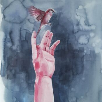 Ζωγραφική με τίτλο "The Pink bird" από Anna Hnatiuk, Αυθεντικά έργα τέχνης, Ακουαρέλα