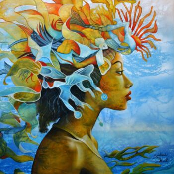 Peinture intitulée "l'âme du lagon" par Jeannette Guichard-Bunel, Œuvre d'art originale, Huile Monté sur Châssis en bois