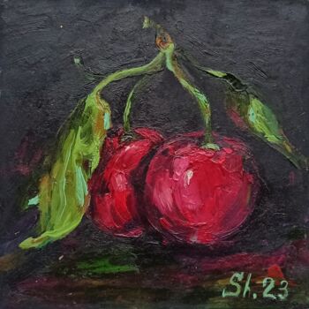Painting titled "Сherry Fruits Origi…" by Svetlana Sindere, Original Artwork, Oil Mounted on Cardboard