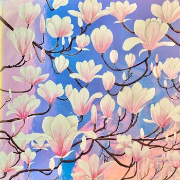 Painting titled "Magnolias sur fond…" by Syncope Mars, Original Artwork, Oil