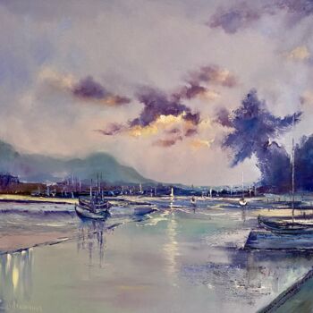 Painting titled "Lilac evening" by Oksana Lukonina, Original Artwork, Oil Mounted on Wood Stretcher frame