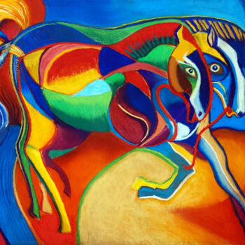 Painting titled "Chevaux Picasso" by Philippe Cadet, Original Artwork, Pastel