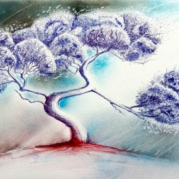 图画 标题为“Arbre Bleu, Terre R…” 由Gier, 原创艺术品, 圆珠笔