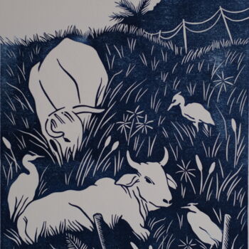 Estampas & grabados titulada "Héron garde-boeuf" por Romane Kleindienst, Obra de arte original, Linograbados