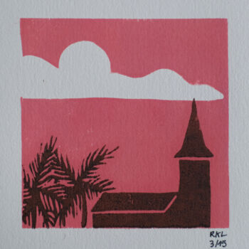 Estampas & grabados titulada "Eglise de Ducos" por Romane Kleindienst, Obra de arte original, Linograbados