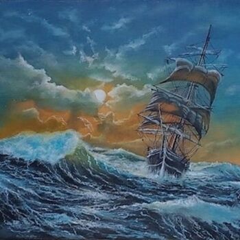 Painting titled "La Vague" by Gérard Pinel, Original Artwork, Oil Mounted on Wood Stretcher frame
