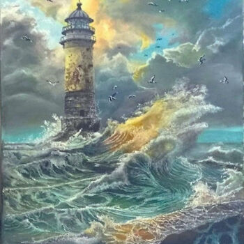 Painting titled "Phare au large de l…" by Gérard Pinel, Original Artwork, Oil