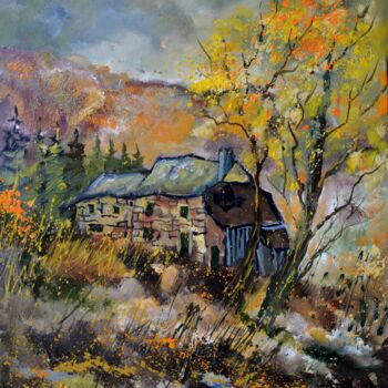「Forgotten houses」というタイトルの絵画 Pol Ledentによって, オリジナルのアートワーク, オイル ウッドストレッチャーフレームにマウント