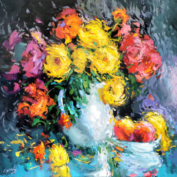 Painting titled "Peonies in a white…" by Spiros, Original Artwork, Acrylic