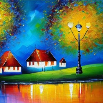 Digitale Kunst getiteld "Evening houses" door Slobodanka Ivancevic, Origineel Kunstwerk, AI gegenereerde afbeelding