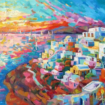 제목이 "Magic Santorini"인 미술작품 Vanya Georgieva로, 원작, 기름 나무 들것 프레임에 장착됨