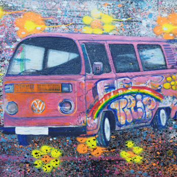 「Kombi 70's Time tra…」というタイトルの絵画 Giuseppe Valiaによって, オリジナルのアートワーク, アクリル ウッドストレッチャーフレームにマウント