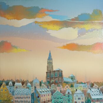 Peinture intitulée "LA VILLE S'EVEILLE" par Bernard Ambielle, Œuvre d'art originale, Huile Monté sur Châssis en bois
