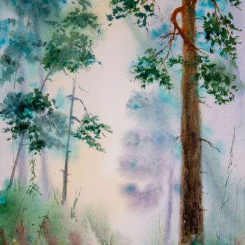 Painting titled "Forest in the mist" by Eugene Popov, Original Artwork, Watercolor