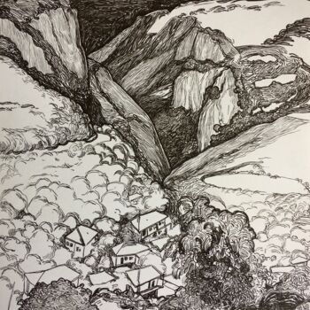 Drawing titled "''Mountains''^" by Raffi Ghazaryan, Original Artwork, Gel pen