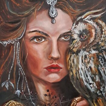 Malerei mit dem Titel "Girl with an owl Oi…" von Rada Gor, Original-Kunstwerk, Öl