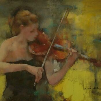 Painting titled "小提琴" by Xiao Chuan Zhang, Original Artwork, Oil Mounted on Wood Stretcher frame