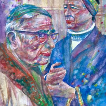 Картина под названием "SARTRE and SIMONE D…" - Lautir, Подлинное произведение искусства, Акварель