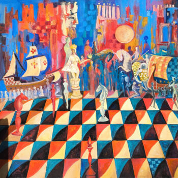 Painting titled "Chess in real life" by Arto Mkrtchyan, Original Artwork, Oil Mounted on Wood Stretcher frame