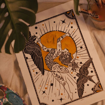 Printmaking titled "Girls With circles…" by R.M., Original Artwork, Linocuts