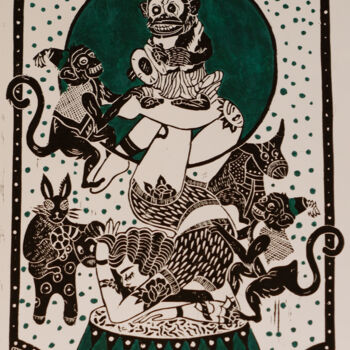 Printmaking titled "Girls with circles…" by R.M., Original Artwork, Linocuts