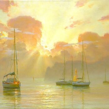 Painting titled "Fog over the sea." by Lara Vald, Original Artwork, Oil Mounted on Wood Stretcher frame