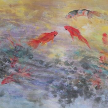 Peinture intitulée "Goldfish" par Kezhen Shi, Œuvre d'art originale, Encre Monté sur Autre panneau rigide