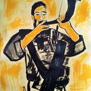 Disegno intitolato "shofar in the war" da Janna Shulrufer, Opera d'arte originale, Inchiostro