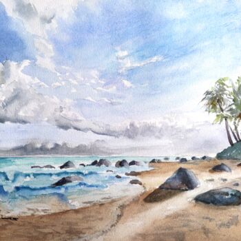 Painting titled "Caribbean Beach" by Horacio Cobas, Original Artwork, Watercolor